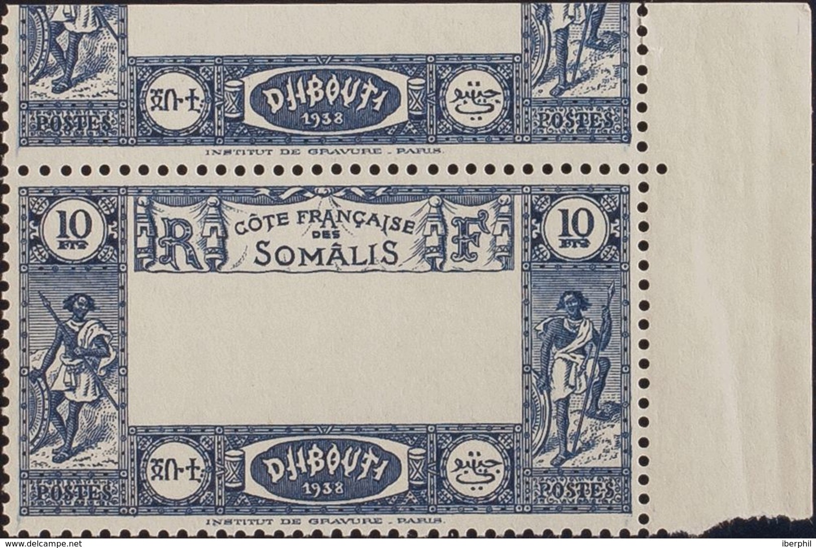 Costa De Somalia. MNH **Yv 168a. 1938. 10 F Azul. Variedad CENTRO OMITIDO. MAGNIFICO Y RARO. Yvert 2013: 500 Euros. - Somalia (1960-...)