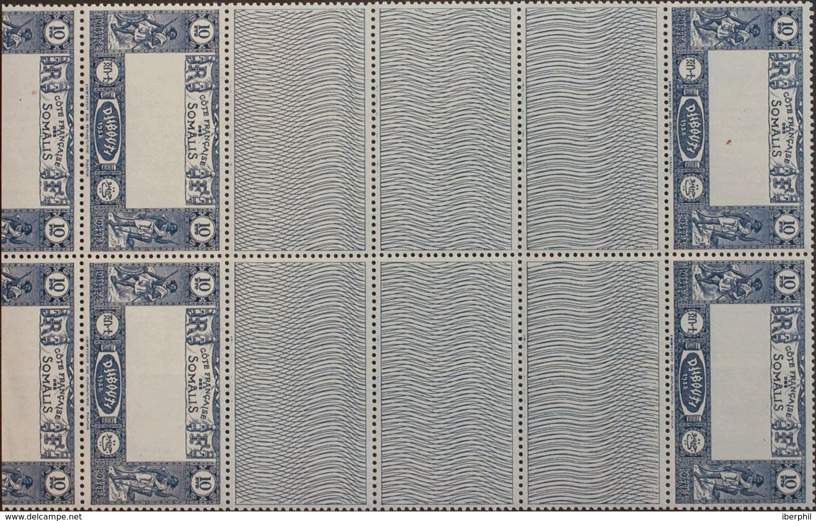 Costa De Somalia. MNH **Yv 168a(4). 1938. 10 F Azul, Bloque De Cuatro Con Interpanel Triple (y Parte De Otro Sello). CEN - Somalia (1960-...)