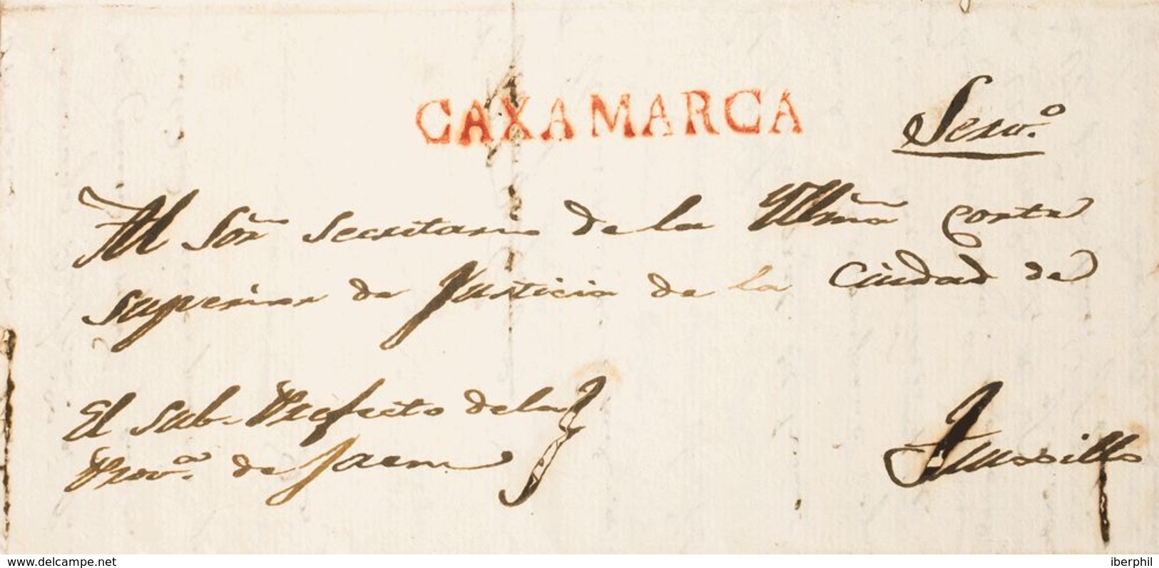 Perú, Prefilatelia. Sobre Yv . 1829. CAJAMARCA A TRUJILLO. Marca CAXAMARCA, En Rojo (Colareta 1). MAGNIFICA. - Perú