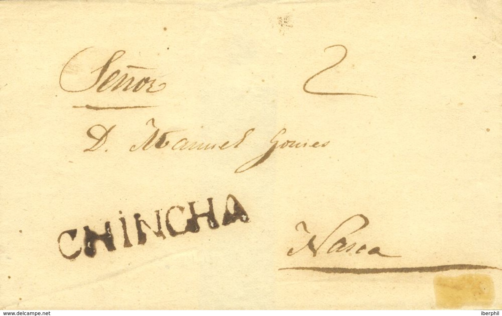 Perú. Sobre . (1836ca). CHINCHA A NASCA. Marca CHINCHA, En Negro (Colareta 1). MAGNIFICA. - Perú