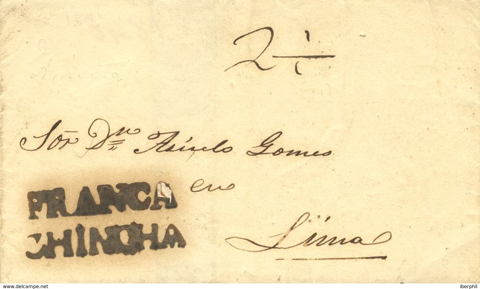 Perú. Sobre . (1850ca). CHINCHA A LIMA. Marca FRANCA / CHINCHA, En Negro, No Reseñada. MAGNIFICA. - Perú