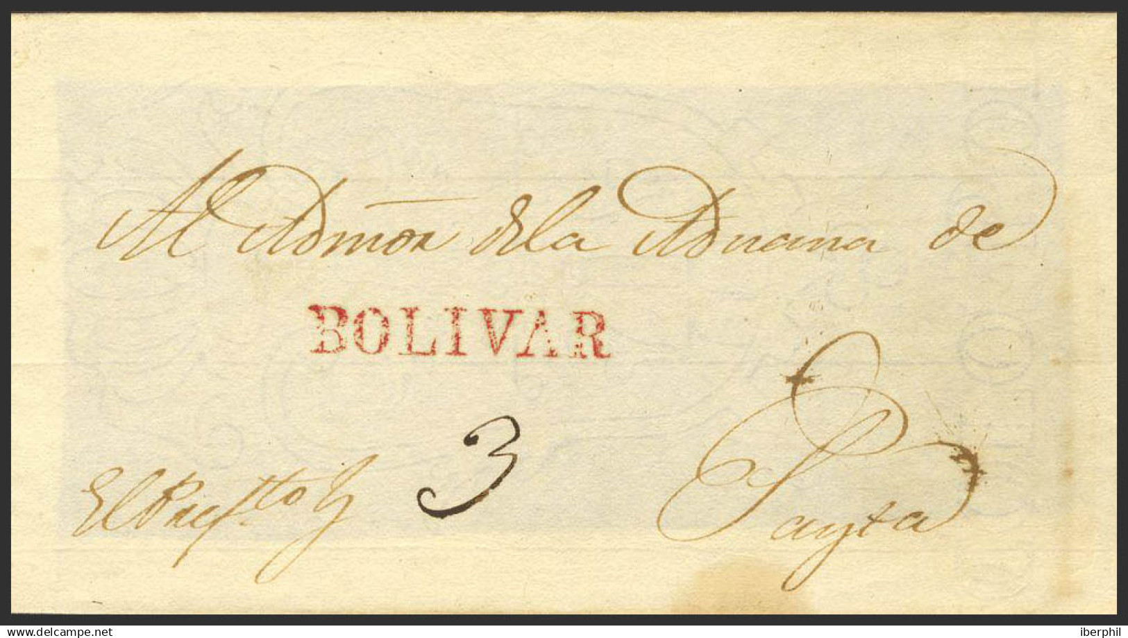 Perú. Sobre . (1825ca). Frontal De BOLIVAR A PAYTA. Marca BOLIVAR, En Rojo (Colareta 1). MAGNIFICA Y RARA. - Perú