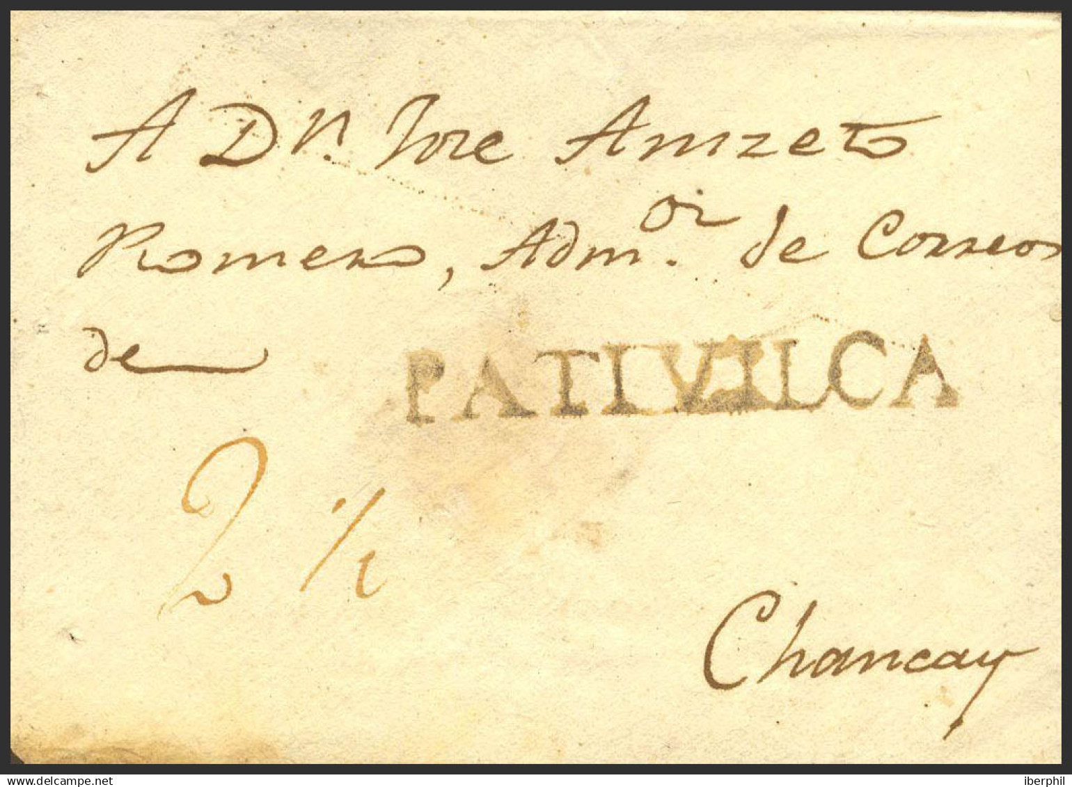 Perú. Sobre . (1847ca). PATIVILCA A CHANCAY. Marca PATIVILCA (Colareta 1). MAGNIFICA. - Peru