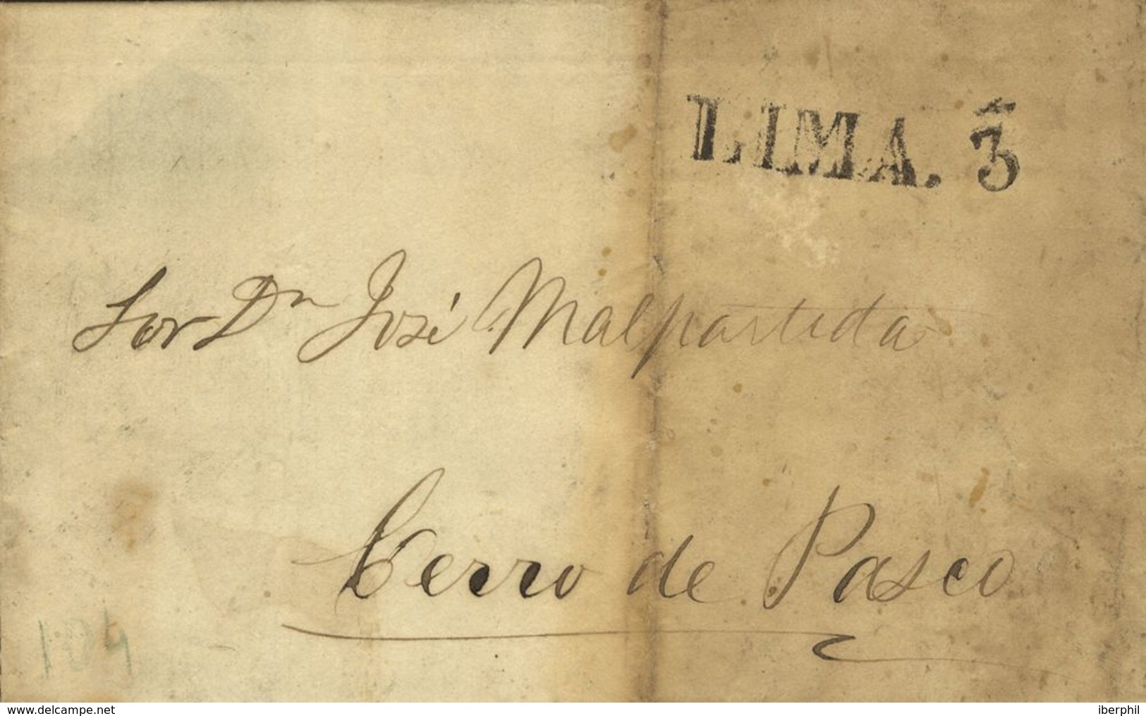 Perú. Sobre . 1860. LIMA A PASCO. Marca LIMA (Colareta 18) Y Porteo "3" (Colareta 18P). BONITA. - Perú