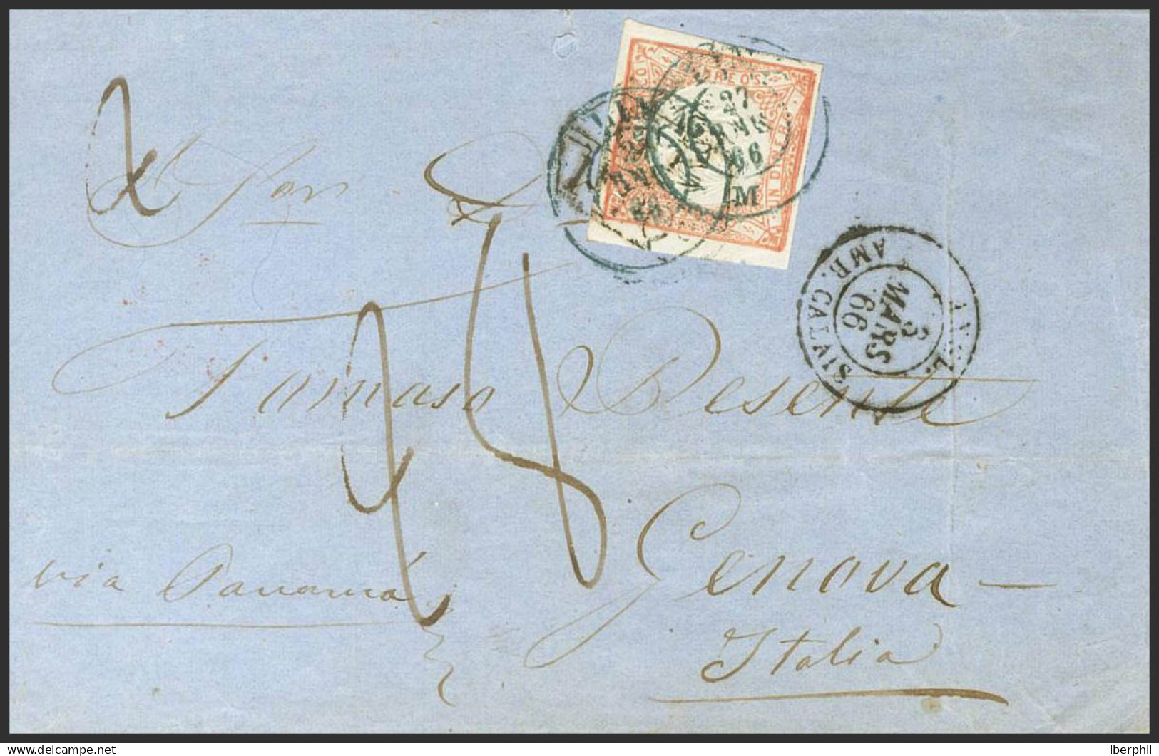 Perú. Sobre Yv 8. 1866. 1 Dinero Naranja. LIMA A GENOVA (ITALIA). Matasello LIMA / M (Tipo 27, Según G.LAMY) Y Marca De - Perù