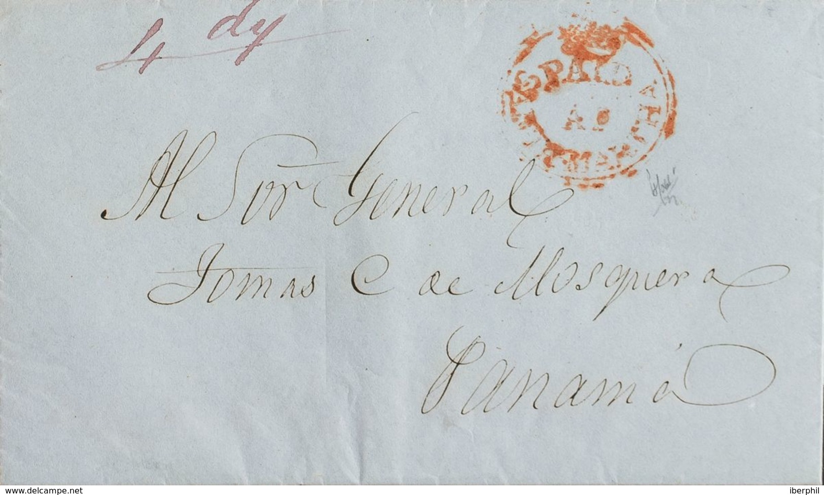 Colombia, Agencia Postal Británica. Sobre . 1850. SANTA MARTA (COLOMBIA) A PANAMA. Marca PAID / AT / ST.MARTHA, En Rojo - Colombia
