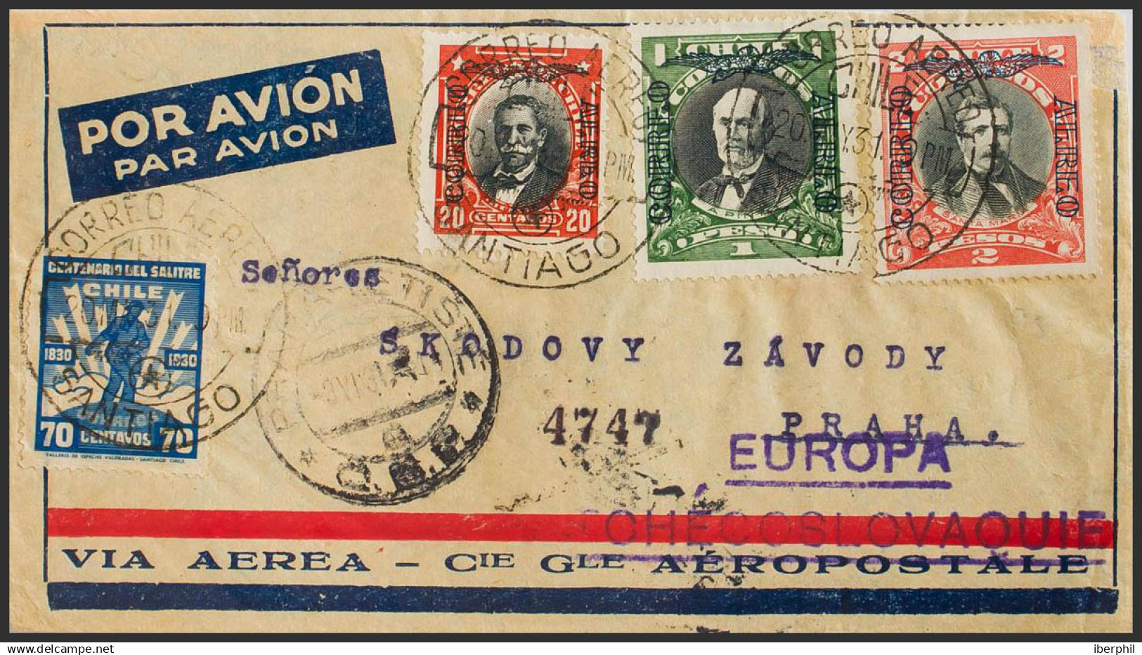 Chile, Aéreo. Sobre Yv 13, 18, 19. 1931. 20 Ctvos Naranja Y Negro, 1 P Verde Y Negro, 2 P Bermellón Y Negro Y 70 Cts Azu - Chile