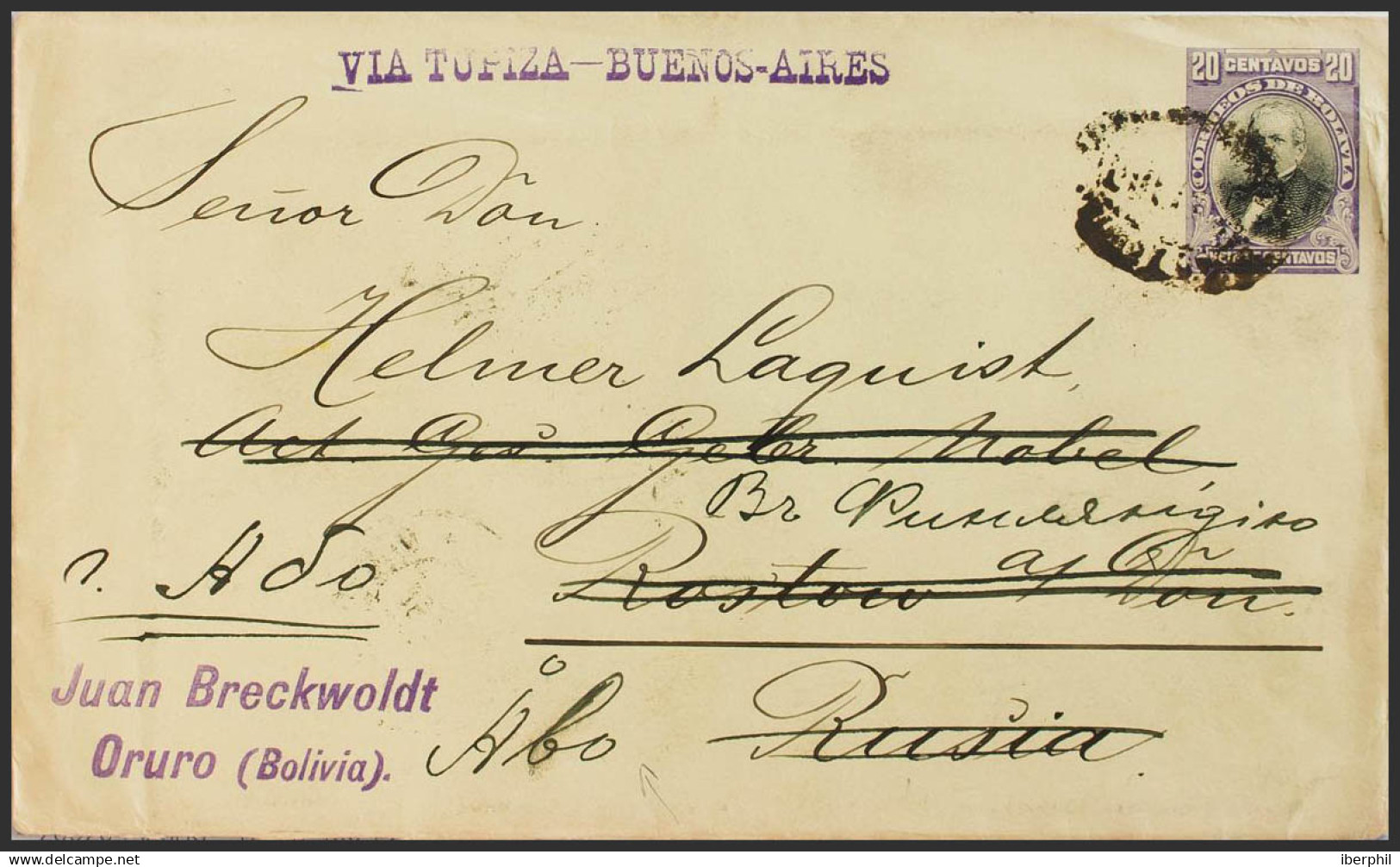 Bolivia, Entero Postal. Sobre Yv . 1904. 20 Ctvos Violeta Y Negro Sobre Entero Postal De ORURO (BOLIVIA) A ROSTOW (RUSIA - Bolivia