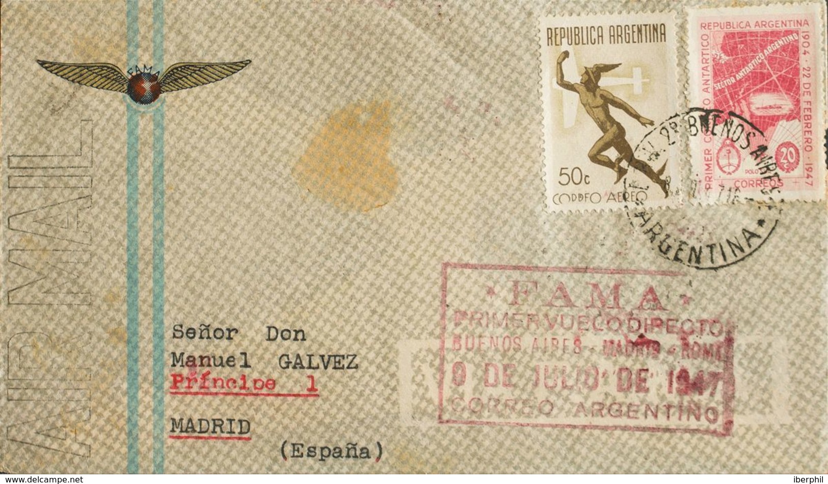 Argentina. Sobre Yv 486, Aéreo 21. 1947. 20 Ctvos Rojo Rosa Y 50 Ctvos Castaño. Correo Aéreo De BUENOS AIRES A MADRID. E - Otros & Sin Clasificación