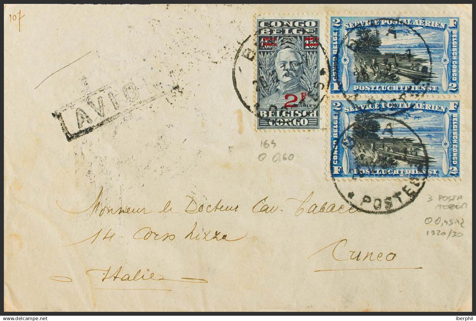 Congo Belga. Sobre Yv 165, Aéreo 3(2). 1932. 2 F Sobre 1'60 F Pizarra Y 2 F Azul Y Negro, Dos Sellos. BUTA A CUNEO (ITAL - Otros & Sin Clasificación