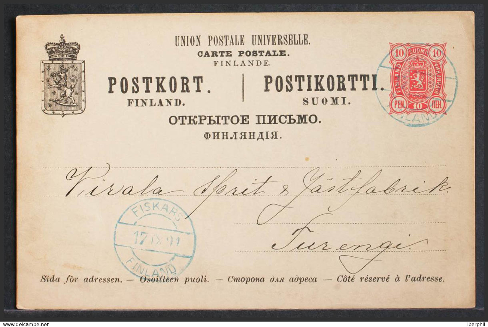 Finlandia, Entero Postal. Sobre Yv . 1891. 10 P Rojo Sobre Tarjeta Entero Postal De FISKARS A TURENGI. Matasello FISKARS - Otros & Sin Clasificación