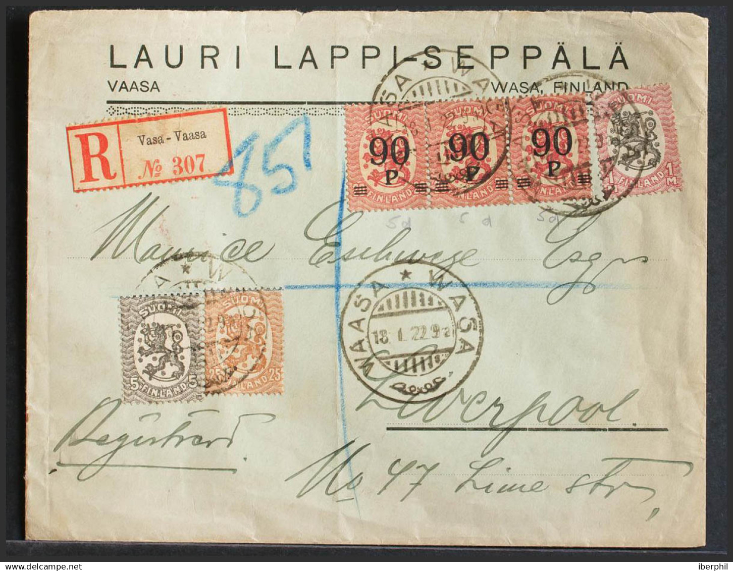 Finlandia. Sobre Yv 97(3), 67, 73, 77. 1922. 90 P Sobre 20 P Rosa, Tira De Tres Y Diversos Valores. Certificado De WAASA - Otros & Sin Clasificación