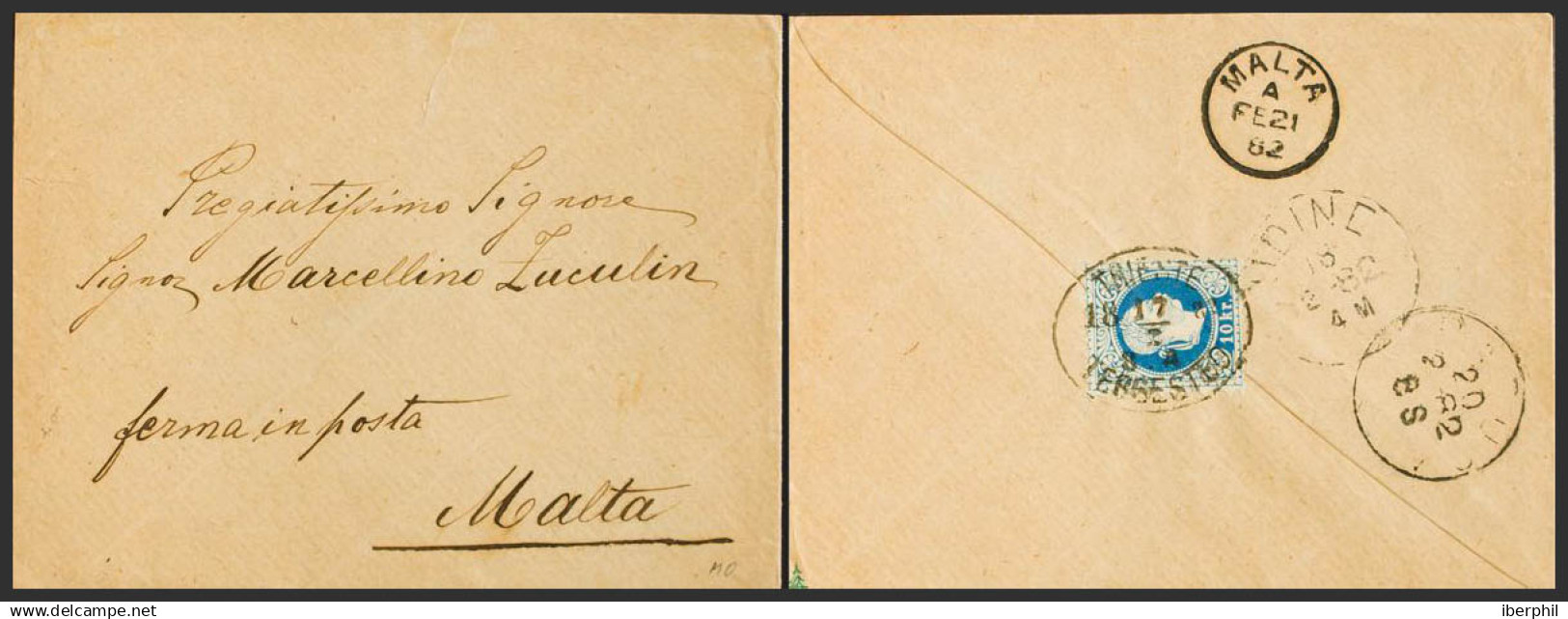 Austria. Sobre Yv 36. 1882. 10 K Azul (franqueado Al Dorso). TRIESTE A MALTA. Matasello TRIESTE / TERGESTED, Al Dorso Tr - Otros & Sin Clasificación