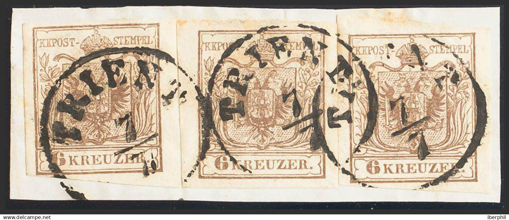 Austria. Fragmento Yv 4(3). 1850. 6 K Marrón, Tres Sellos Sobre Fragmento. MAGNIFICA. - Otros & Sin Clasificación