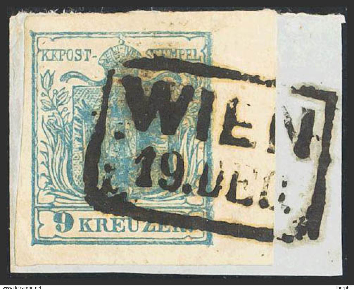 Austria. Fragmento Yv 5. 1850. 9 K Azul, Sobre Fragmento, Borde De Hoja. PIEZA DE LUJO, RARO Y EXCEPCIONAL EN ESTA CALID - Otros & Sin Clasificación