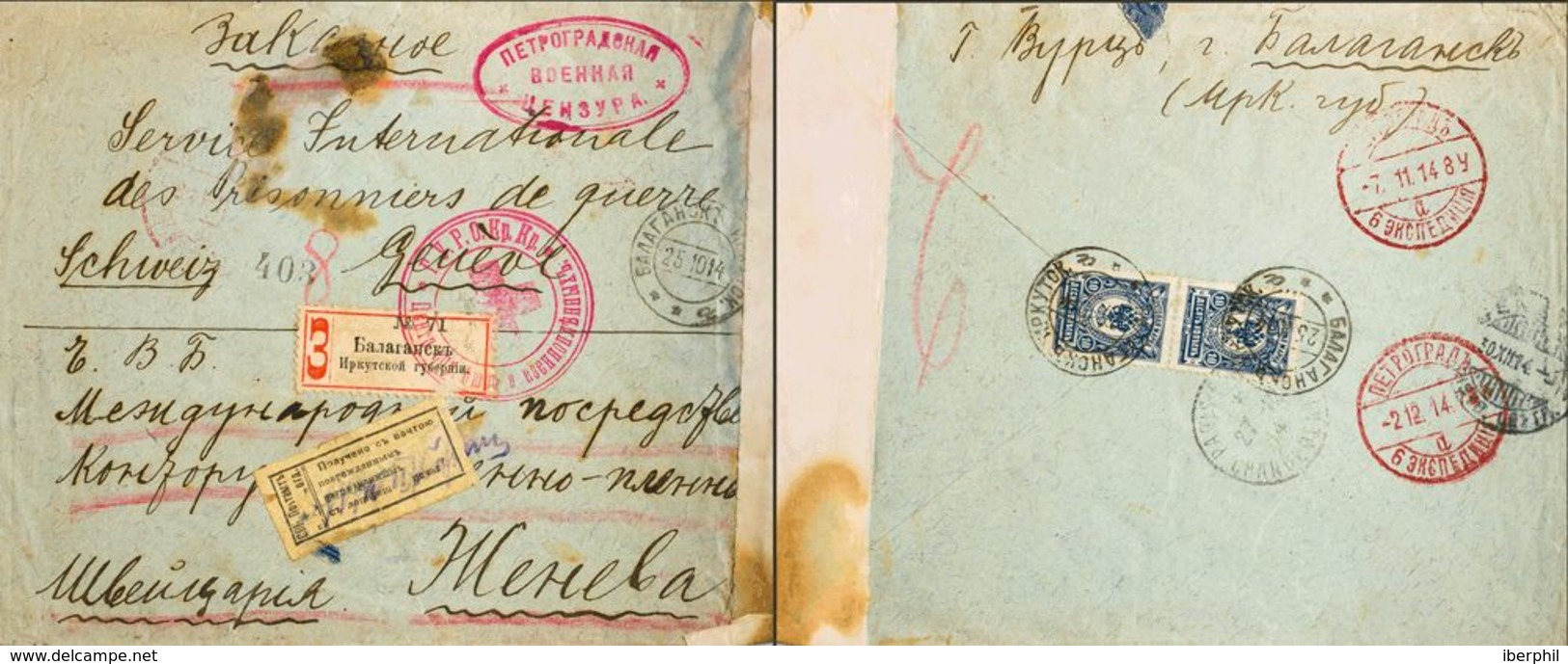 Rusia. Yv 67(2). 1914. 10 K Azul, Dos Sellos. Certificado De IRKUTSK A GINEBRA. En El Frente Marca De La Cruz Roja Rusa - Other & Unclassified