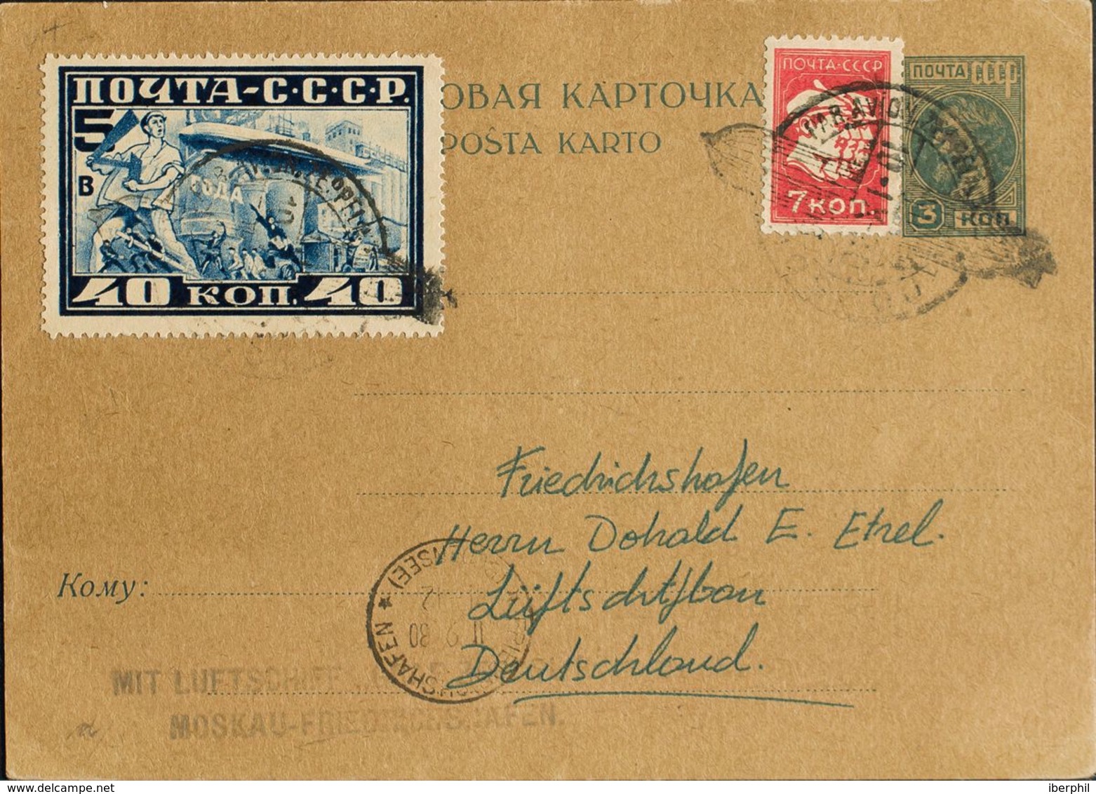 Rusia. Sobre Yv 428, Aéreo 20. 1930. 3 K Azul Sobre Tarjeta Entero Postal Graf Zeppelin De MOSCU A FRIEDRICHSHAFEN (ALEM - Other & Unclassified