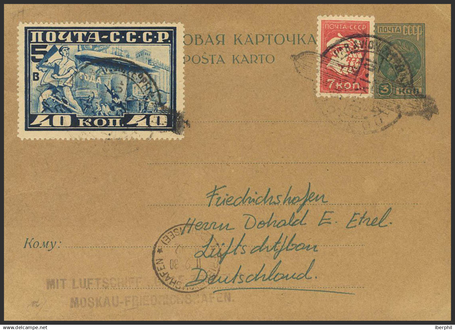 Rusia. Sobre Yv 428, Aéreo 20. 1930. 3 K Azul Sobre Tarjeta Entero Postal Graf Zeppelin De MOSCU A FRIEDRICHSHAFEN (ALEM - Otros & Sin Clasificación