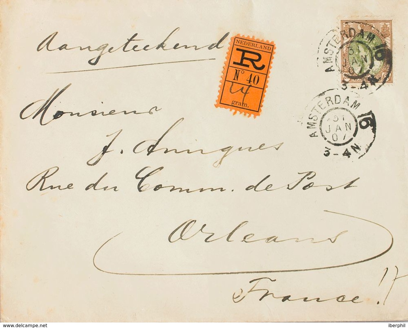 Holanda. Sobre Yv 58. 1907. 22 ½ Cts Castaño Y Oliva. Certificado De AMSTERDAM A ORLEANS (FRANCIA). Al Dorso Llegada. MA - ...-1852 Precursores