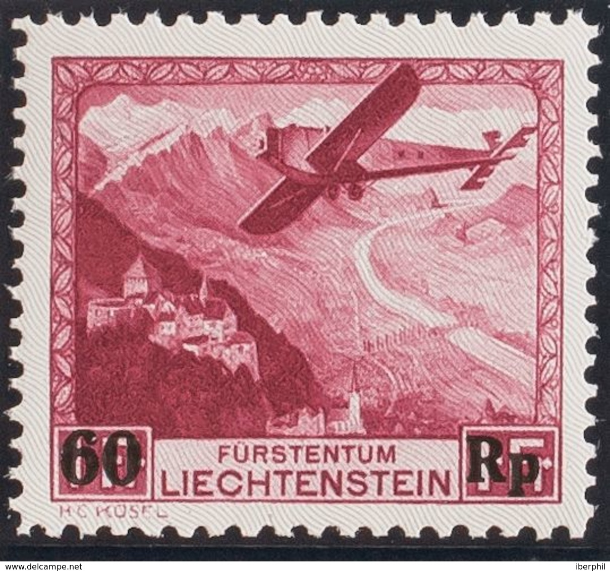 Liechtenstein, Aéreo. MNH **Yv 14. 1935. 60 R Sobre 1 F Carmín. MAGNIFICO. Yvert 2015: 160 Euros. - Otros & Sin Clasificación