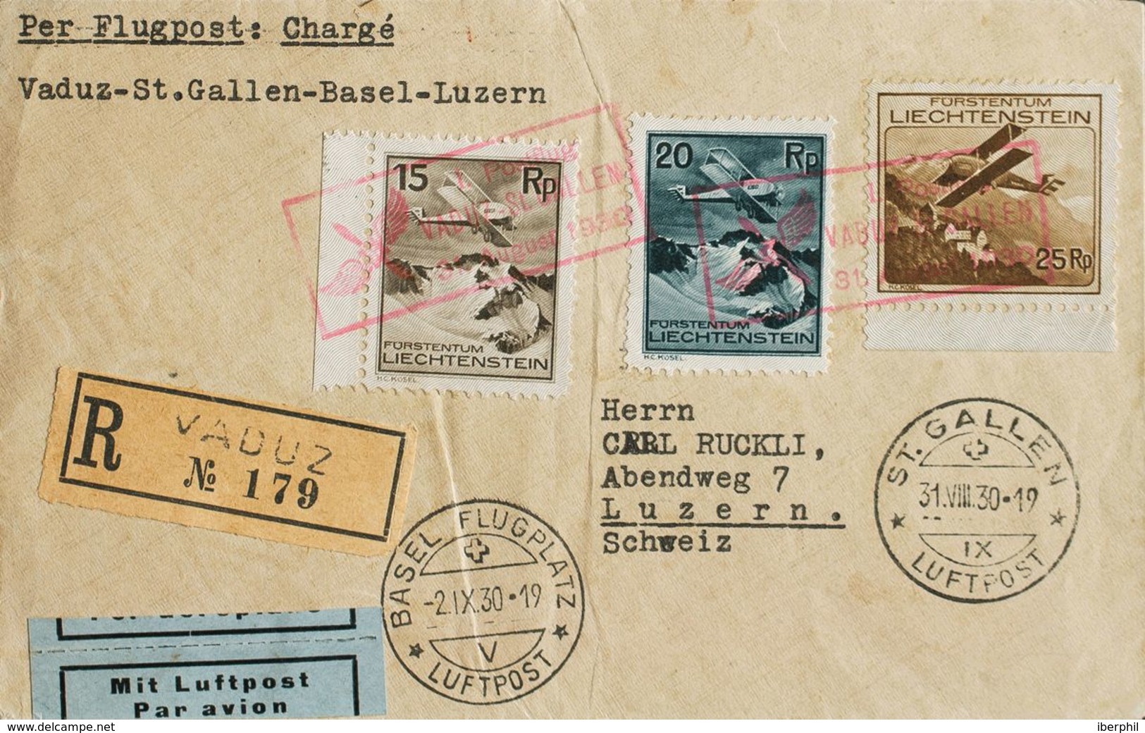 Liechtenstein, Aéreo. Sobre Yv 1/3. 1930. 15 Rp Castaño, 20 Rp Verde Negro Y 25 Rp Castaño. Correo Aéreo Certificado De - Otros & Sin Clasificación