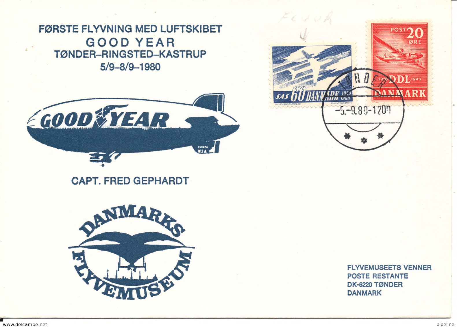 Denmark First Flight Airship Good Year Tönder-Ringsted-Kastrup 5-9 - 8-9-1980 With Cachet (SAS FLUOR STAMP) - Airships