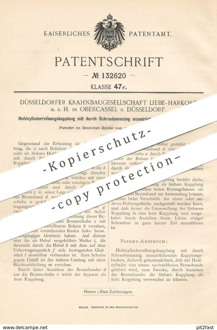 Original Patent - Düsseldorfer Krahnbaugesellschaft Liebe Harkort MbH , Oberkassel , Düsseldorf | Kupplung | Eisenbahn - Historische Dokumente