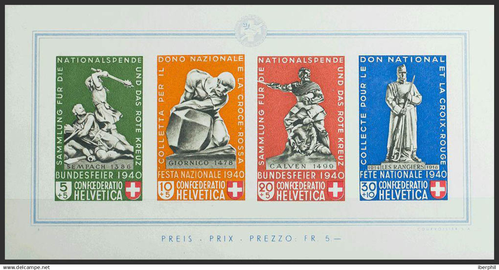 Suiza, Hoja Bloque. MNH **Yv 5. 1940. Hoja Bloque. MAGNIFICA. Yvert 2013: 400 Euros. - Otros & Sin Clasificación