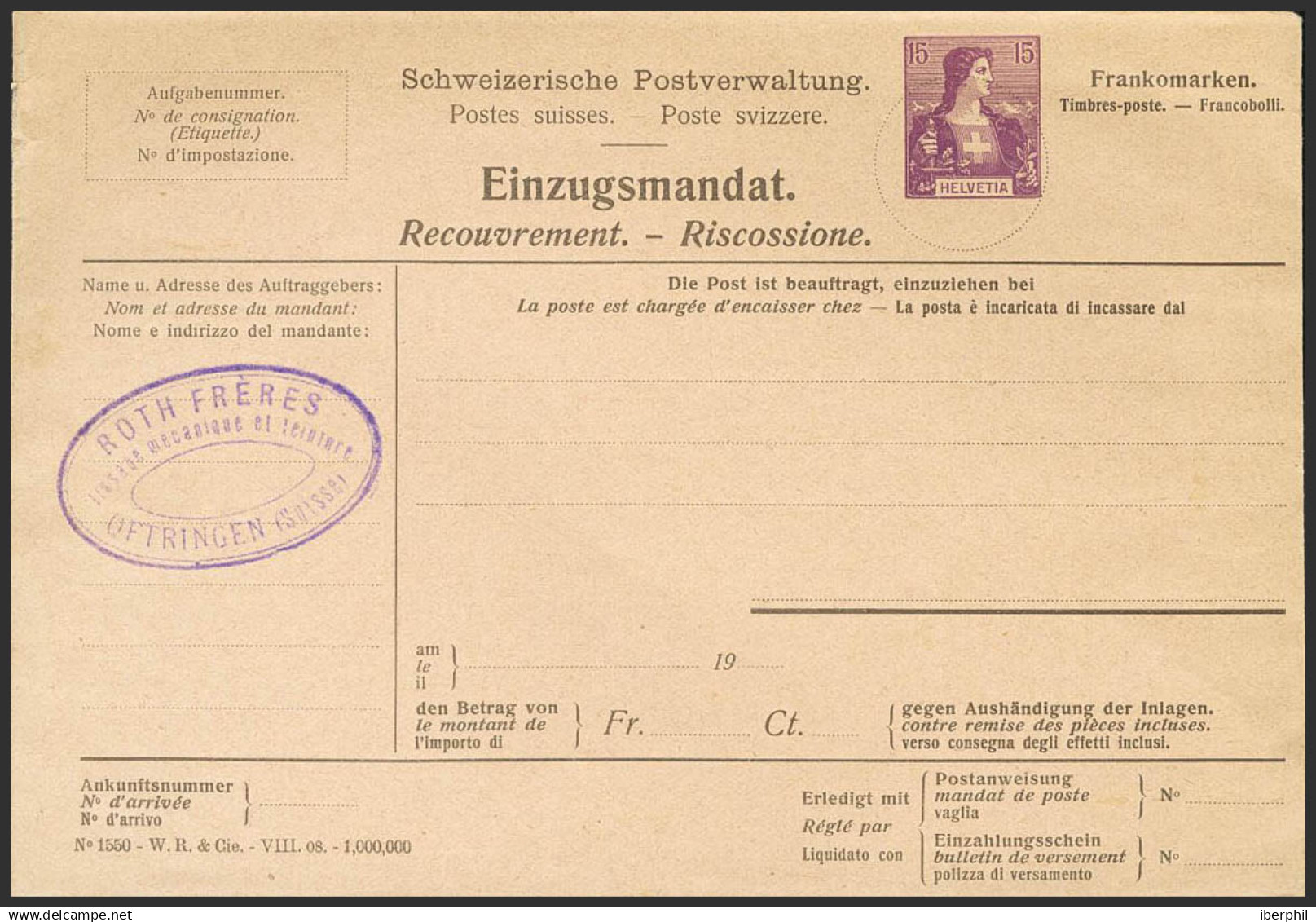 Suiza, Entero Postal Privado. (*). 1907. 15 Cts Violeta Sobre Entero Postal Privado (Einzugsmandat O Recouvrement) Sin C - Otros & Sin Clasificación