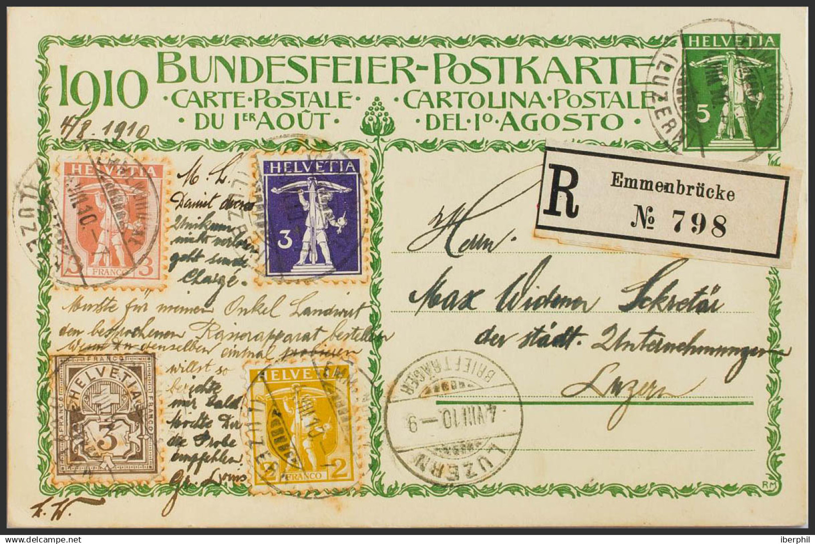 Suiza, Entero Postal. Sobre Yv 101, 113, 114, 129. 1910. 5 Cts Verde Sobre Tarjeta Entero Postal De Certificado De EMMEN - Otros & Sin Clasificación