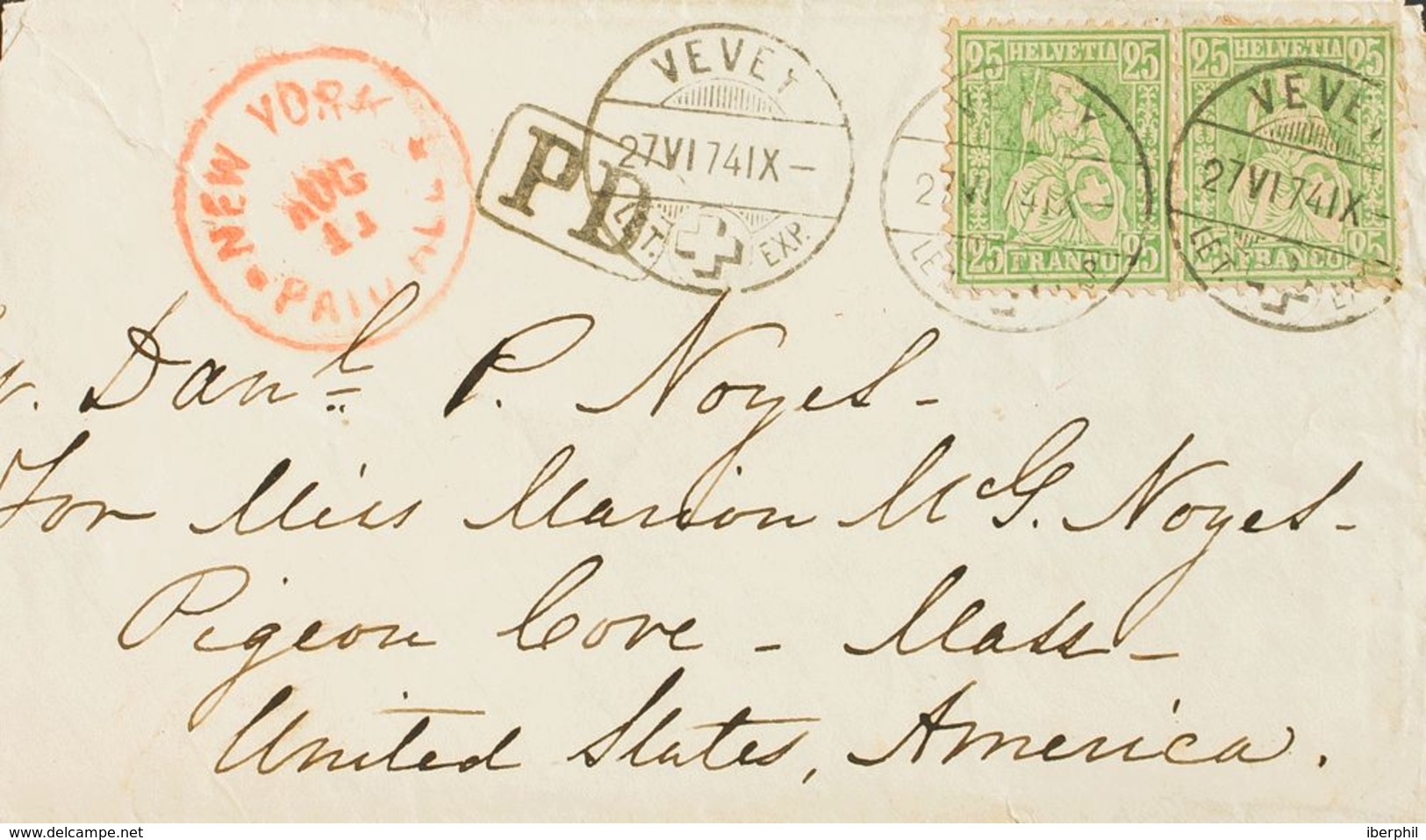 Suiza. Sobre Yv 45(2). 1874. 25 Cts Verde Amarillo, Dos Sellos. VEVEY A PIGEON COVE (U.S.A.). En El Frente Tránsito NEW - Otros & Sin Clasificación