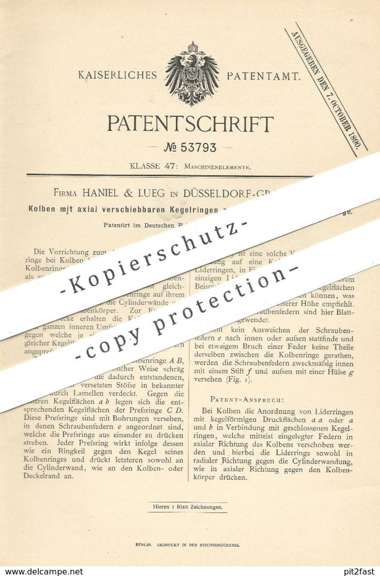 Original Patent - Haniel & Lueg , Düsseldorf / Grafenberg , 1890 , Kolben | Kolbenring | Maschinen , Motor !! - Historische Dokumente