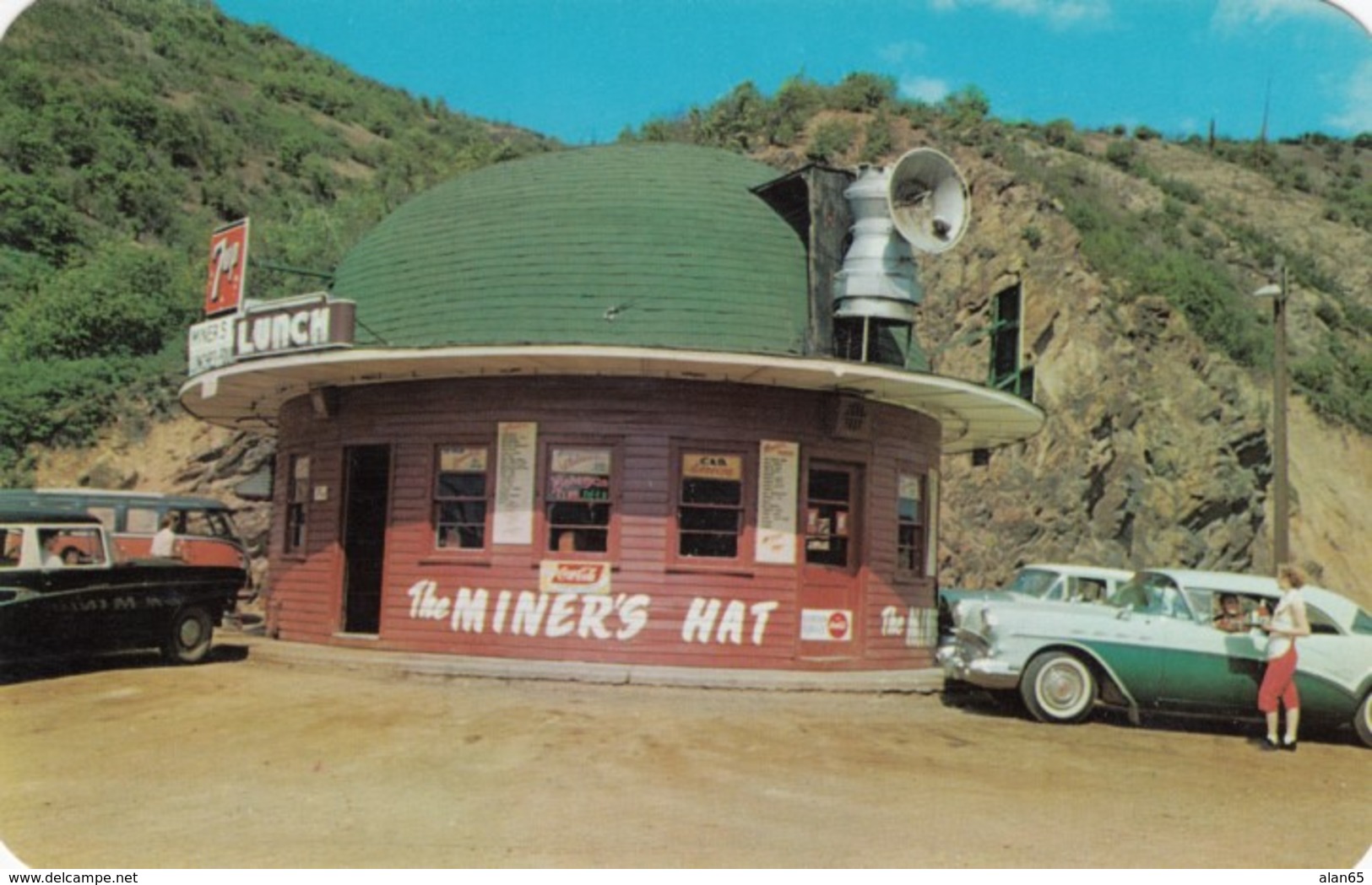 Kellogg Idaho, The Miner's Hat Restaurant Lunch Stand Roadside Americana, Auto Mining Theme, C1950s Vintage Postcard - Sonstige & Ohne Zuordnung