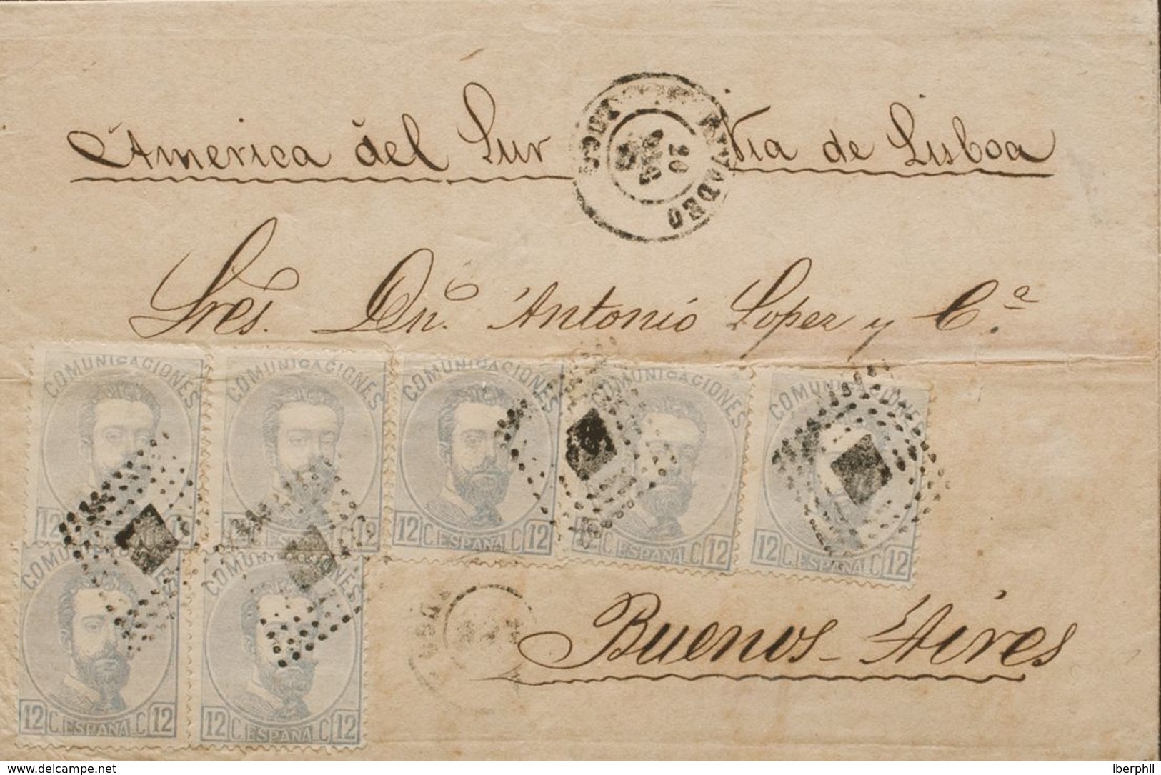 España. Amadeo I. Sobre 122(7). 1872. 12 Cts Lila Gris, Siete Sellos. RIVADEO (LUGO) A BUENOS AIRES (ARGENTINA). En El F - Lettres & Documents
