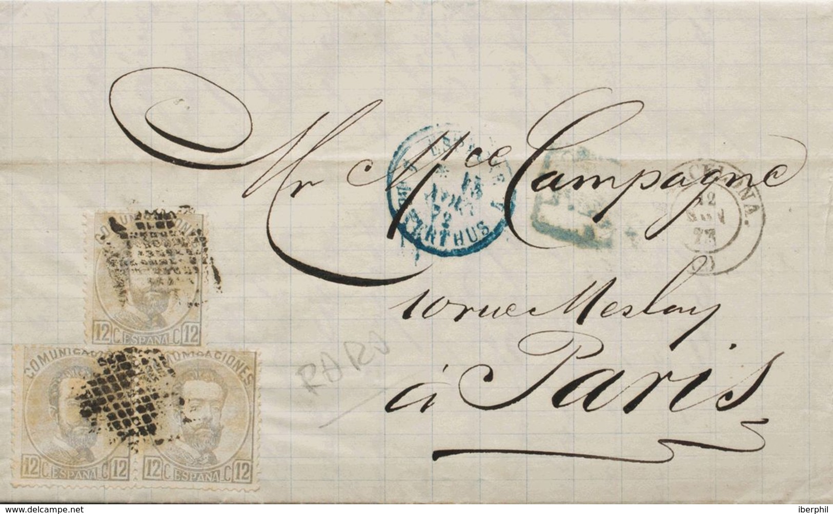 España. Amadeo I. Sobre 122(3). 1872. 12 Cts Lila Gris, Tira De Tres. BARCELONA A PARIS (FRANCIA). Franqueada Con La Tar - Cartas & Documentos