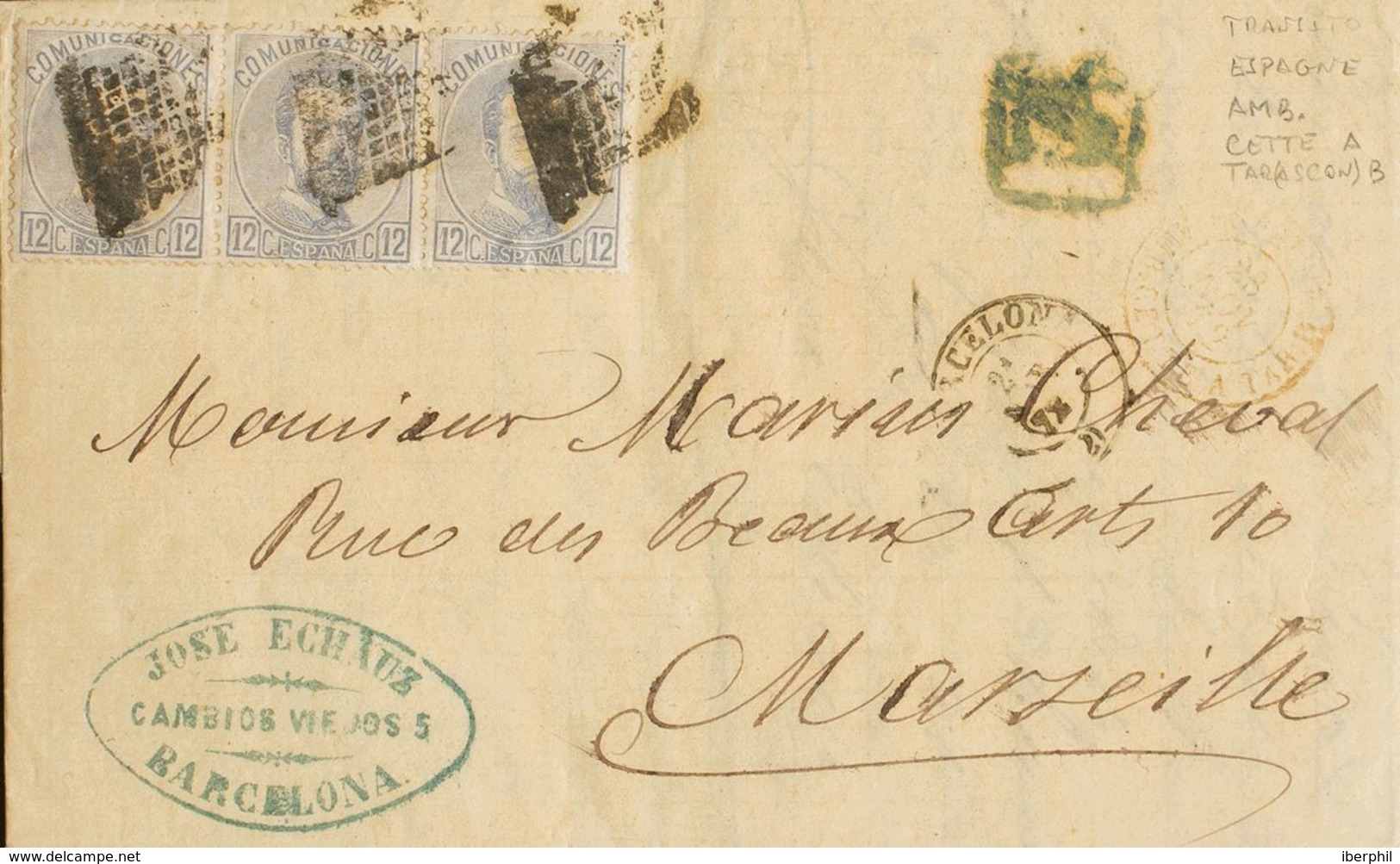 España. Amadeo I. Sobre 122(3). 1872. 12 Cts Lila Gris, Tres Sellos. BARCELONA A MARSELLA. Franqueada Con La Tarifa De 3 - Covers & Documents