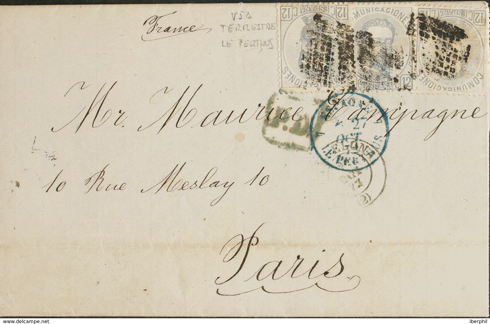 España. Amadeo I. Sobre 122(3). 1872. 12 Cts Gris Lila, Tres Sellos. BARCELONA A PARIS (FRANCIA). Franqueada Con La Tari - Cartas & Documentos