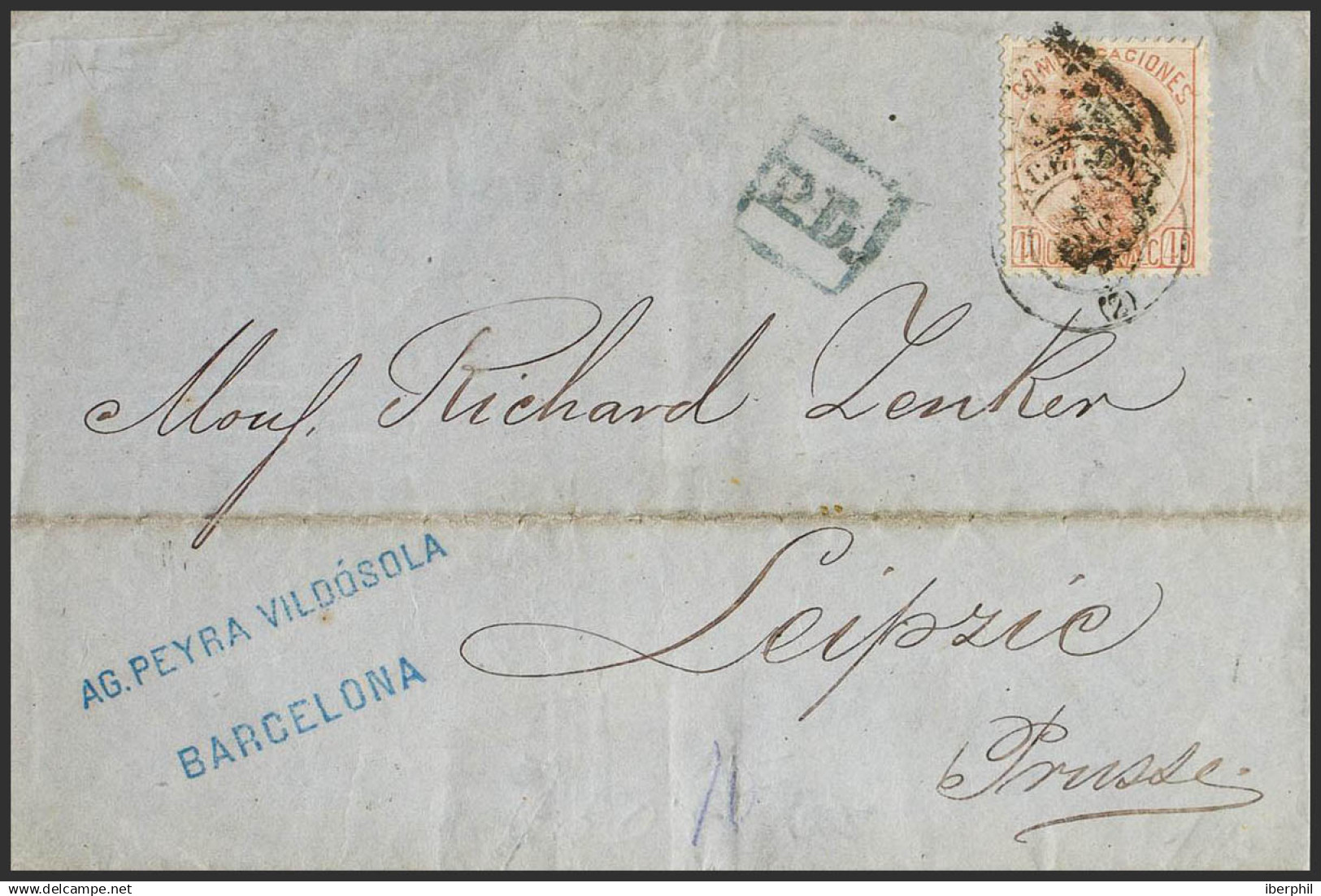 España. Amadeo I. Sobre 125. 1872. 40 Cts Castaño. BARCELONA A LEIPZIG (ALEMANIA). MAGNIFICA E INUSUAL DESTINO A PRUSIA. - Cartas & Documentos