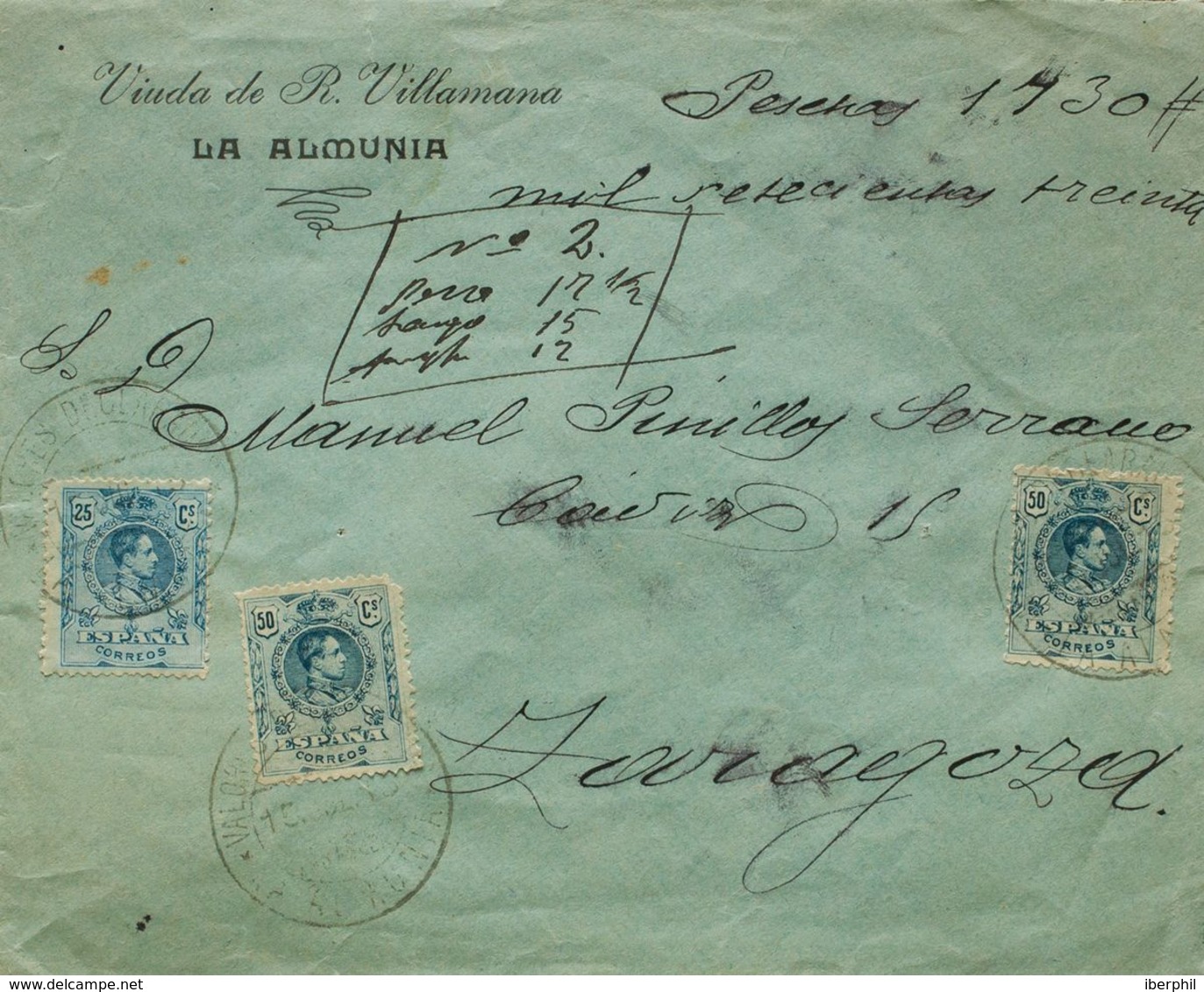 España. Alfonso XIII Correo Certificado. Sobre 274, 277(2). 1915. 25 Cts Azul Y 50 Cts Azul, Dos Sellos. Valores Declara - Cartas & Documentos