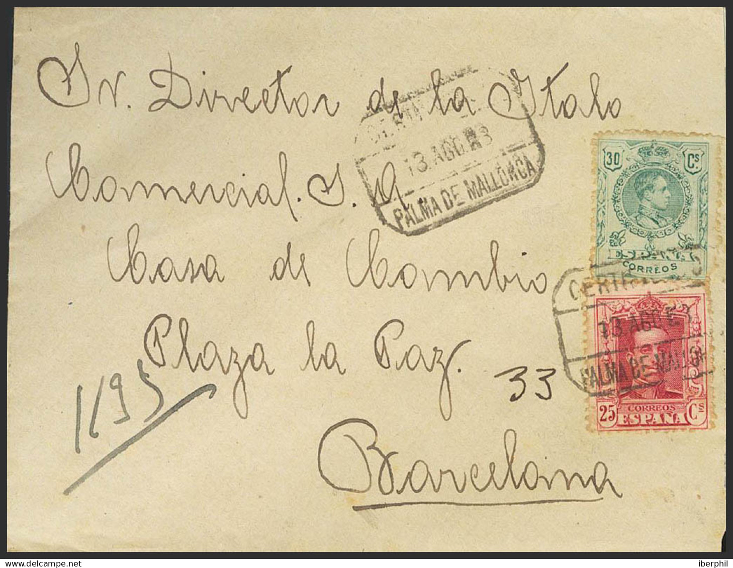 España. Alfonso XIII Correo Certificado. Sobre 317, 275. 1923. 25 Cts Carmín Y 30 Cts Verde (Medallón). Certificado De P - Cartas & Documentos