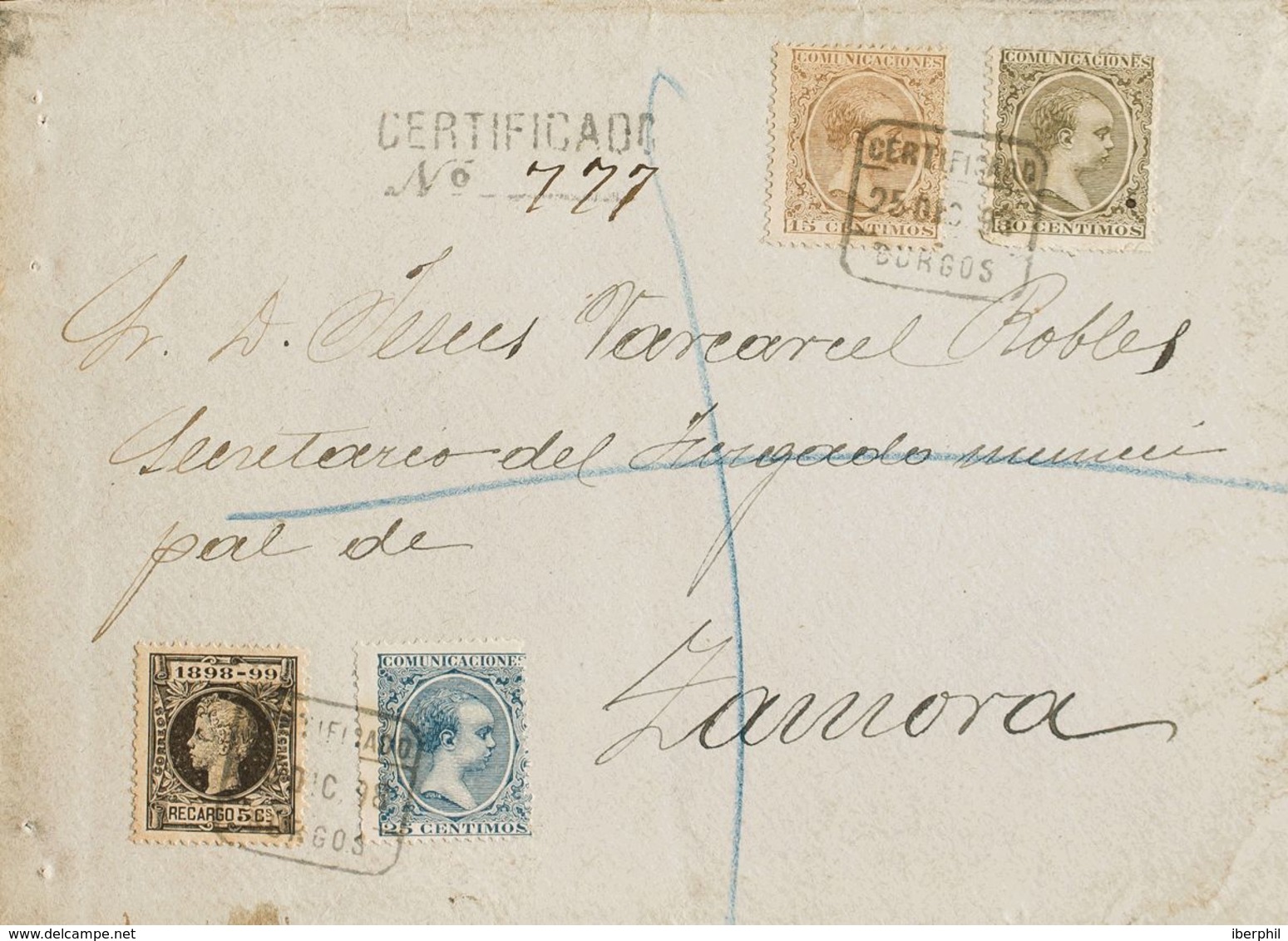 España. Alfonso XIII Correo Certificado. Sobre 219, 221, 222, 240. 1898. 15 Cts Castaño, 25 Cts Azul, 30 Cts Verde Bronc - Cartas & Documentos