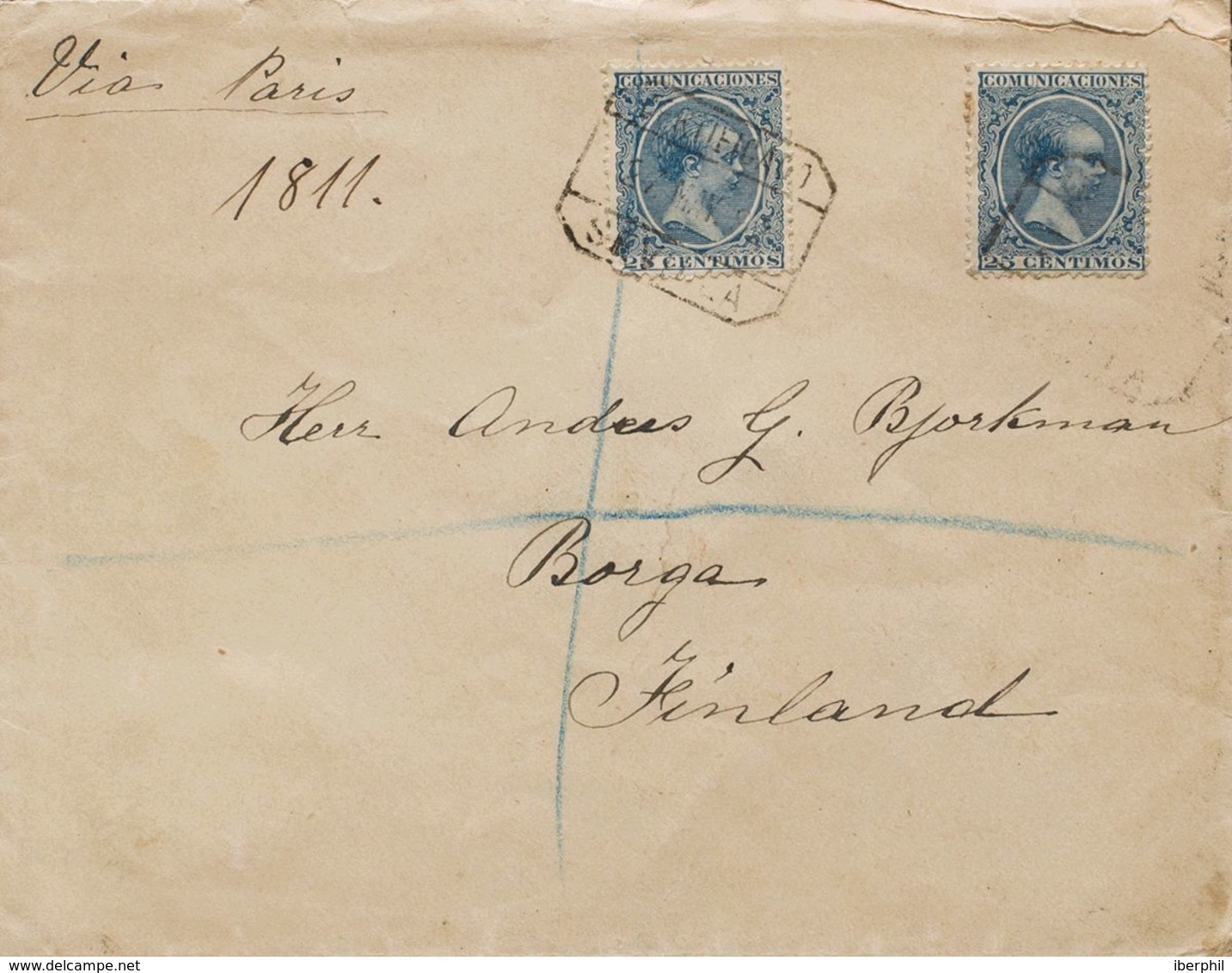 España. Alfonso XIII Correo Certificado. Sobre 221(2). 1892. 25 Cts Azul, Dos Sellos. Certificado De SEVILLA A BORGA (FI - Cartas & Documentos