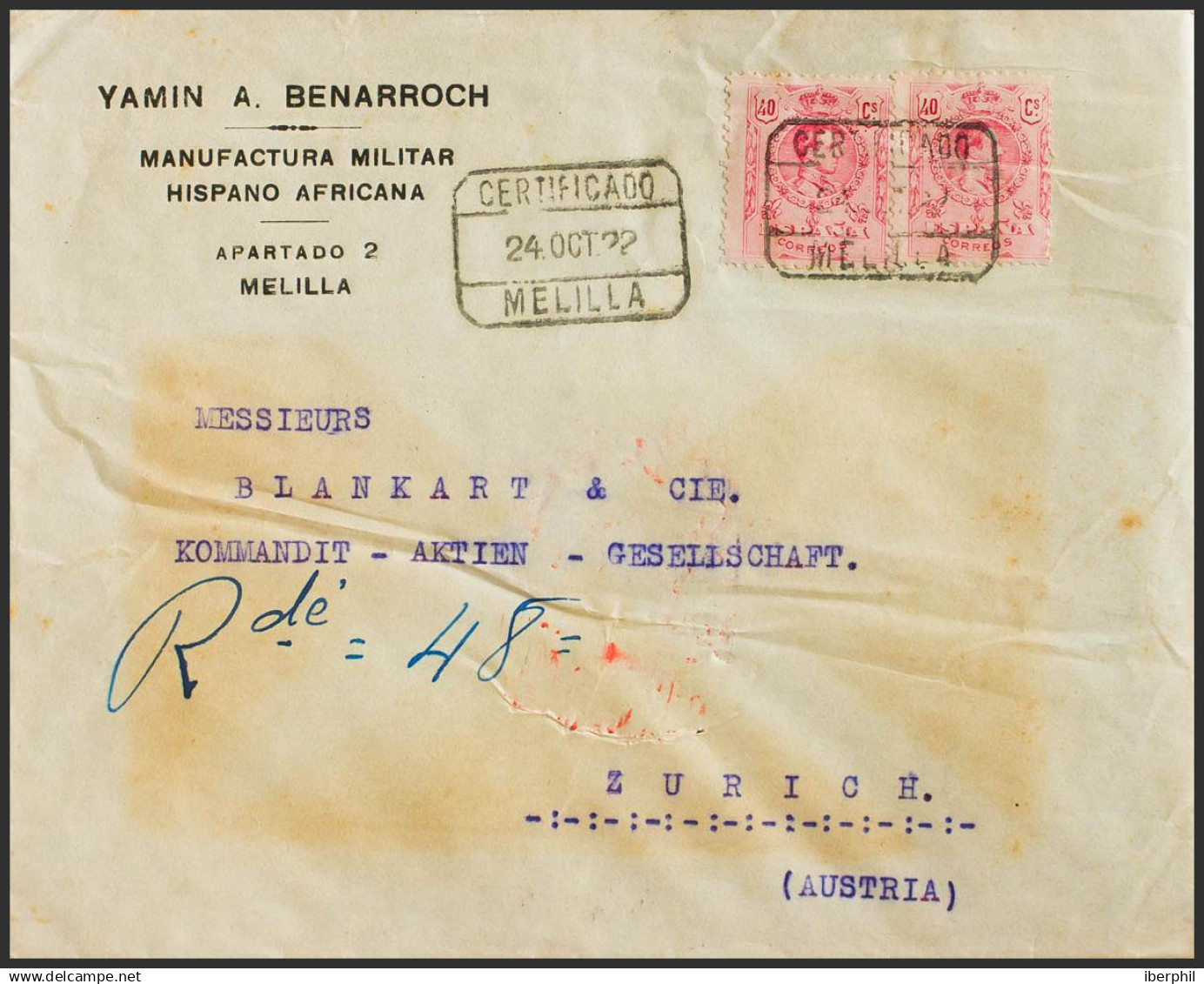 España. Alfonso XIII Correo Certificado. Alfonso XIII Correo Certificado. CERTIFICADO / MELILLA, Al Dorso Llegada. MAGNI - Cartas & Documentos