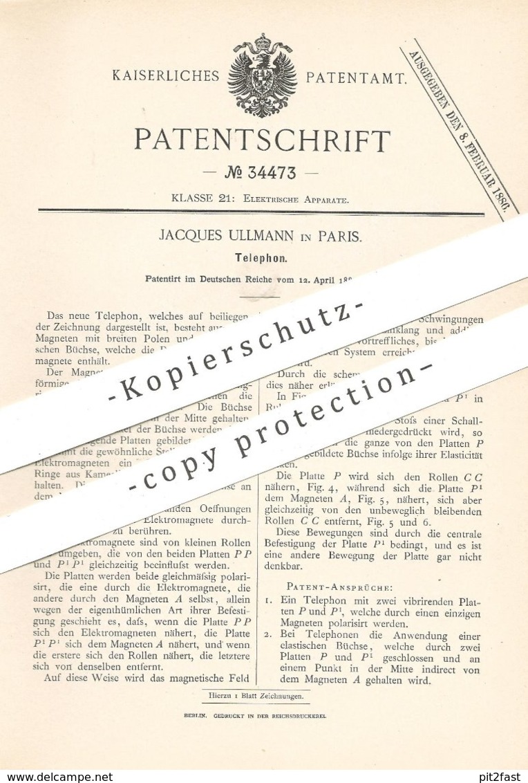 Original Patent - Jacques Ullmann , Paris , Frankreich , 1885 , Telefon | Telephon | Telefonie | Elektrik , Magnet !!! - Documentos Históricos