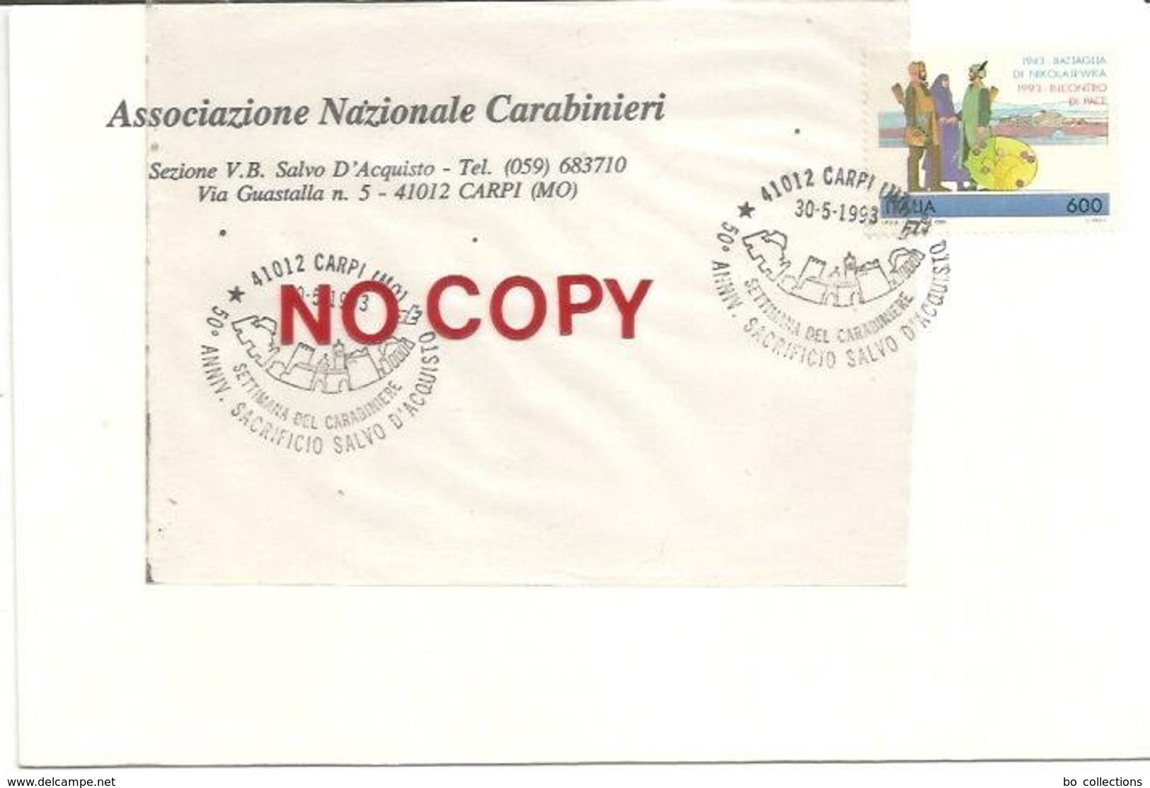 Carpi, 30.5.1993, Annullo Settimana Del Carabiniere, Anniversario Sacrificio Salvo D'Acquisto Su Busta Intestata. - Non Classificati