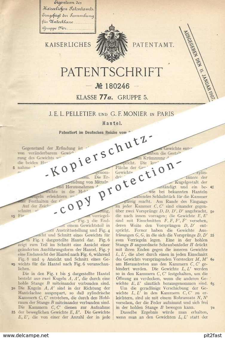 Original Patent - J. E. L. Pelletier , G. F. Monier , Paris , Frankreich 1906 , Hantel | Gewicht , Hantelgewicht | Sport - Historische Dokumente