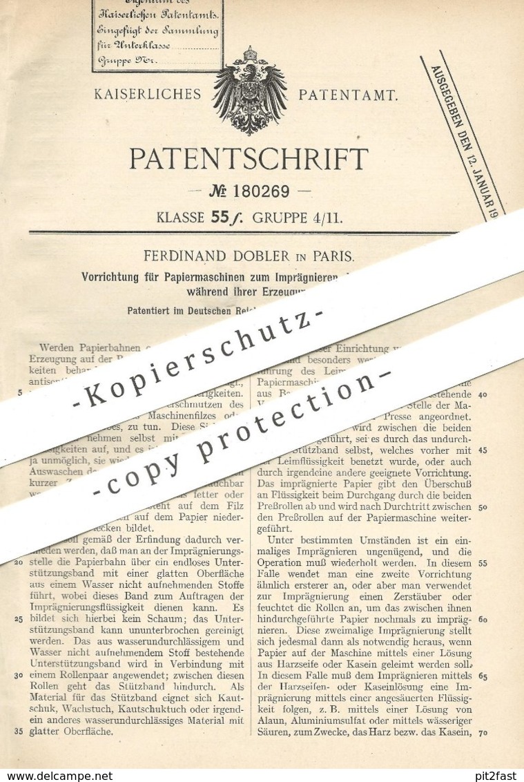 Original Patent - Ferdinand Dobler , Paris , Frankreich , 1906 , Papiermaschine Zum Imprägnieren Der Papierbahn | Papier - Historische Dokumente