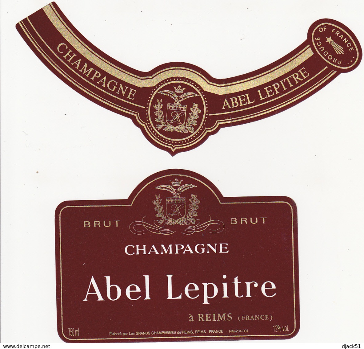 Etiquette Champagne BRUT Abel Lepitre à Reims (51) / 750 Ml (2 Pièces) - Champagne