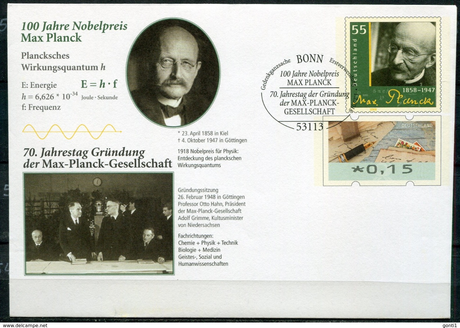 Germany 2018  Plusbrief "100 Jahre Nobelpreis Max Planck " Mi.Nr.USo??? Mit SST"Bonn-100 Jahre Nobelpreis Max.. "1 Beleg - Nobelpreisträger