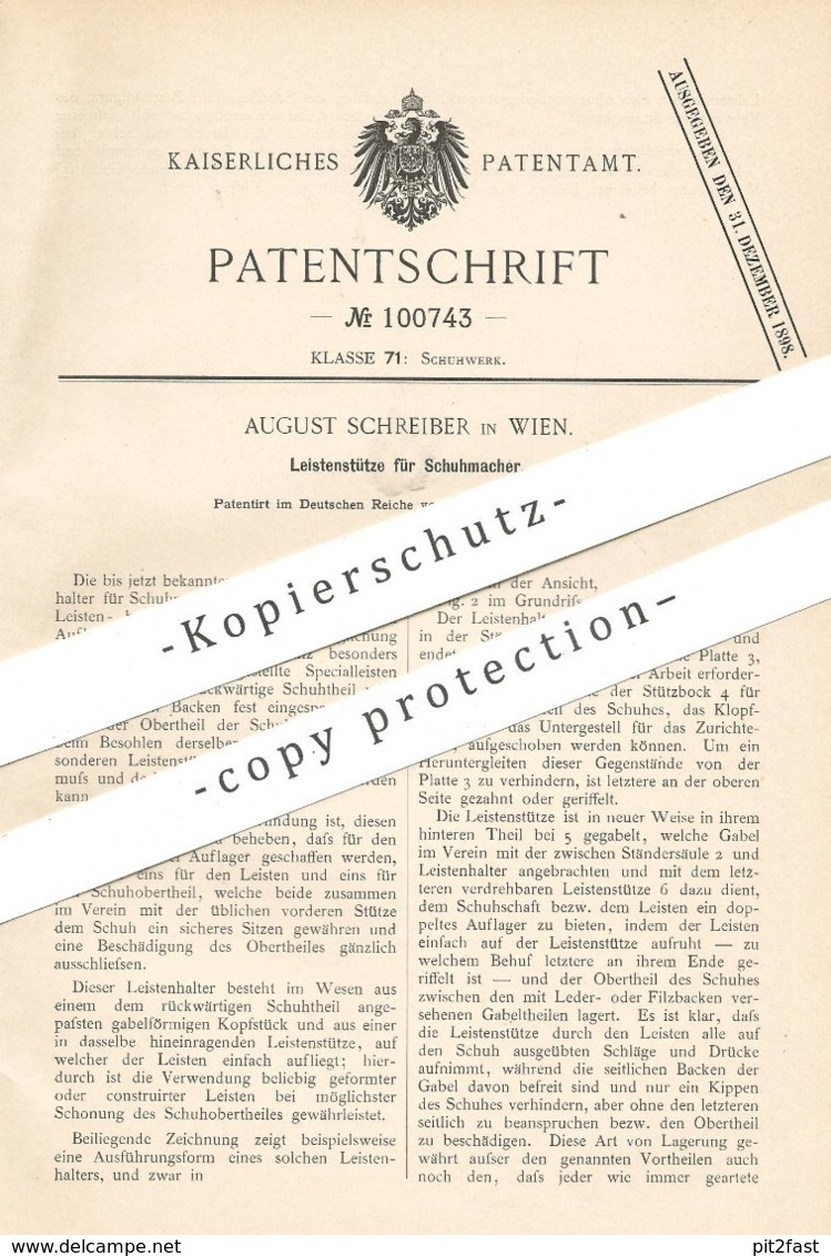 Original Patent - August Schreiber , Wien , Österreich , 1897 , Leistentütze Für Schumacher | Schuster | Schuhwerk !!! - Historische Dokumente